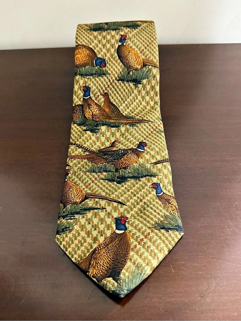 John Comfort Silk Pheasant Print Tie in Green & Brown Like New